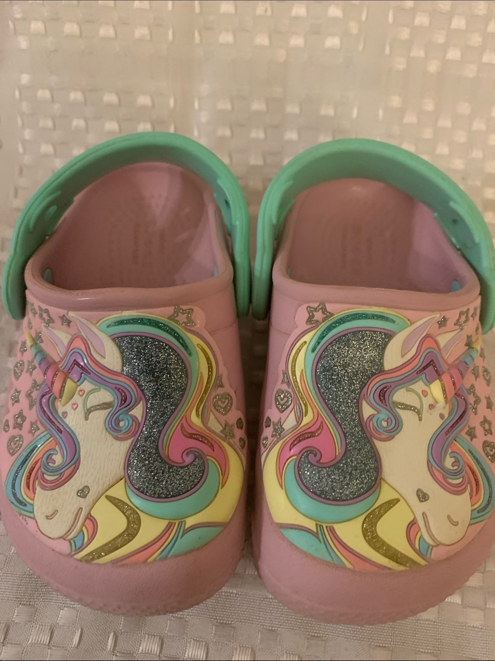 CROCS Pink Unicorn Clogs with Mint Green Heel Strap, toddler’s size C6.